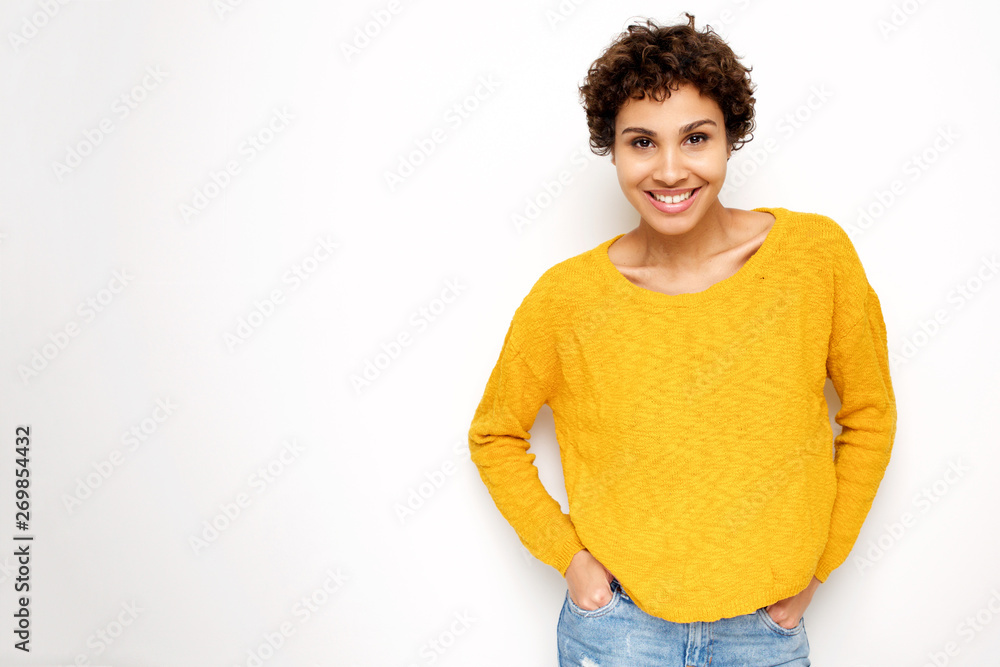 trendy young african american woman smiling against white background trendy young african american woman smiling against white background
