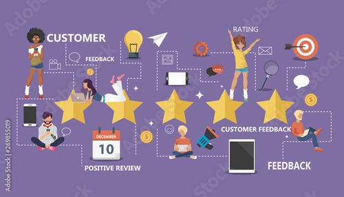 Concept of feedback, testimonials messages and notifications. Rating on customer service illustration. Five big stars with people sitting on them and giving reviews on their lap tops. Flat vector