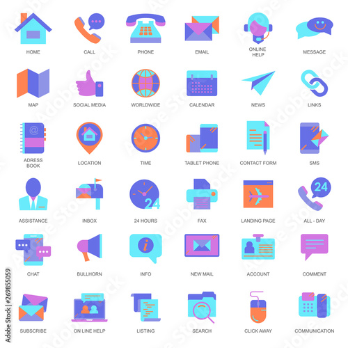 Customer support and contact us outline icon set. Flat vector illustration