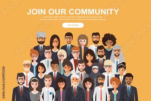 Join our community. Crowd of united people as a business or creative community standing together. Flat concept vector website template and landing page design for invitation to summit or conference