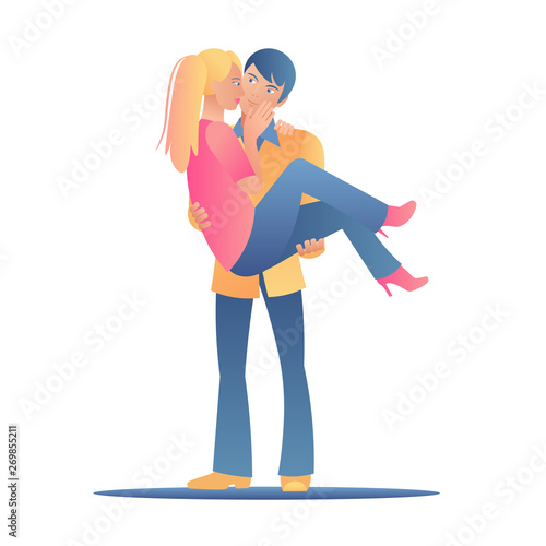 A young man holds a woman in his arms. Loving couples tenderly embrace. The guy and the girl together on a white background. Pastel gradients, flat style, vector illustration on white background