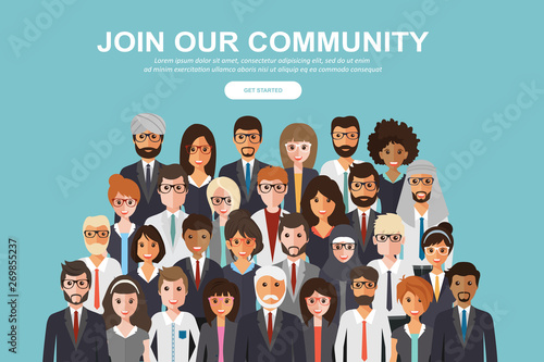 Join our community. Crowd of united people as a business or creative community standing together. Flat concept vector website template and landing page design for invitation to summit or conference