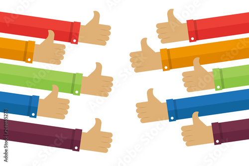 Business compliment concept. Thumbs up hands. Flat vector illustration