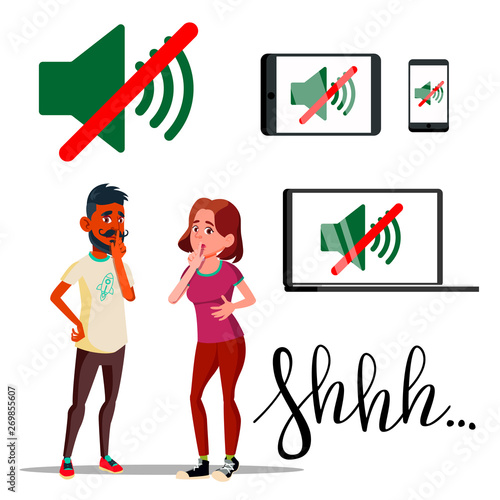 Characters Man And Woman Asking Silent Vector. Handwriting Word Shhh And Sound Off Silent Mode Icon On Laptop, Smartphone And Tablet. No Speaking And Talking Flat Cartoon Illustration