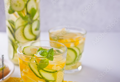 Refreshing summer drink with lemon, ginger, fresh cucumber and mint.