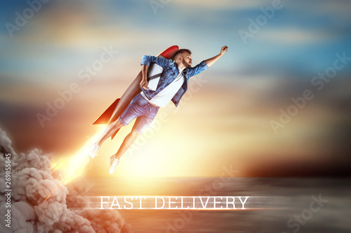 A man flies on a rocket, delivers parcels, the inscription fast delivery, cool service, online purchase. Copy space, Mixed media, creative background.