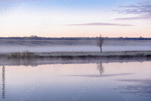 Fototapeta Naklejka Na Ścianę i Meble -  Dawn over the river on a summer morning, fog over the field, grass with hoarfrost