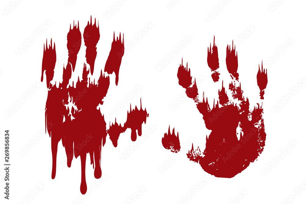 Bloody hand print set isolated white background. Horror scary blood  handprint, fingerprint. Red palm, fingers, stain, splatter, streams. Symbol  horror zombie, murder, violence. Vector illustration Stock Vector | Adobe  Stock