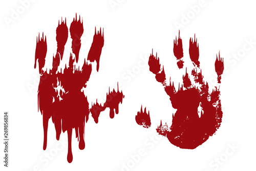 Bloody hand print set isolated white background. Horror scary blood handprint, fingerprint. Red palm, fingers, stain, splatter, streams. Symbol horror zombie, murder, violence. Vector illustration