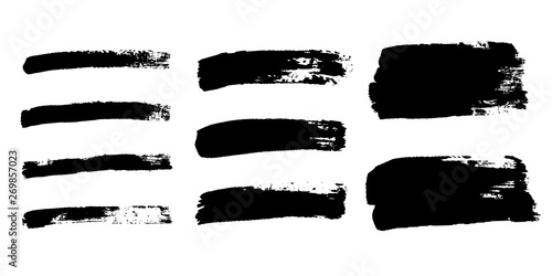 Brush strokes set, isolated white background. Black paint brush. Grunge texture stroke line. Art ink dirty design. Border artistic shape, paintbrush element. Brushstroke graphic. Vector illustration