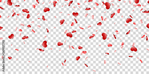 Heart falling confetti isolated white transparent background. Red fall hearts. Valentine day decoration. Love element design, hearts-shape confetti wedding card, romantic holiday. Vector illustration