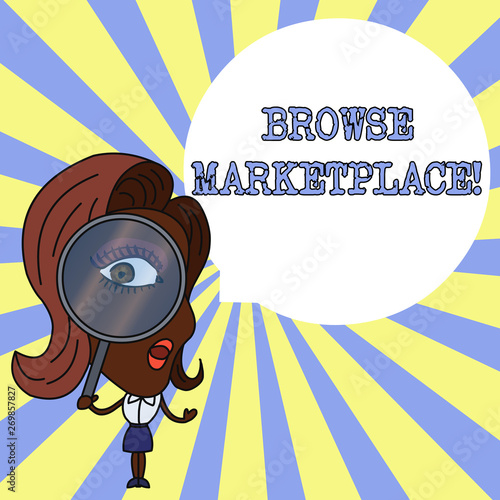 Conceptual hand writing showing Browse Marketplace. Concept meaning looking through a set of information in the market Woman Looking Trough Magnifying Glass Big Eye Speech Bubble