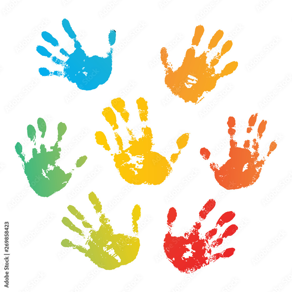 Hand rainbow print isolated on white background. Color child handprint.  Creative paint hands prints. Happy childhood design. Artistic kids stamp,  bright human fingers and palm. Vector illustration Stock Vector | Adobe  Stock