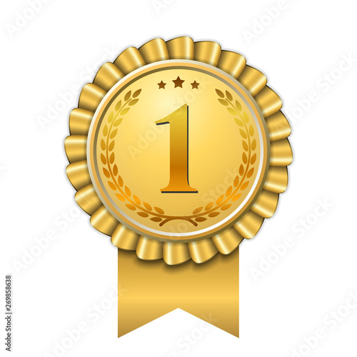 Award ribbon gold icon number first. Design winner golden medal 1 prize. Symbol best trophy, 1st success champion, one sport competition honor, achievement leadership, victory. Vector illustration photo