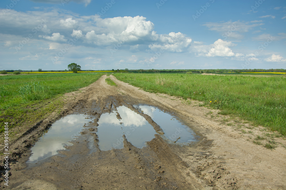 Puddles on a sandy road through fields and clouds on a blue sky Puddles on a sandy road through fields and clouds on a blue sky