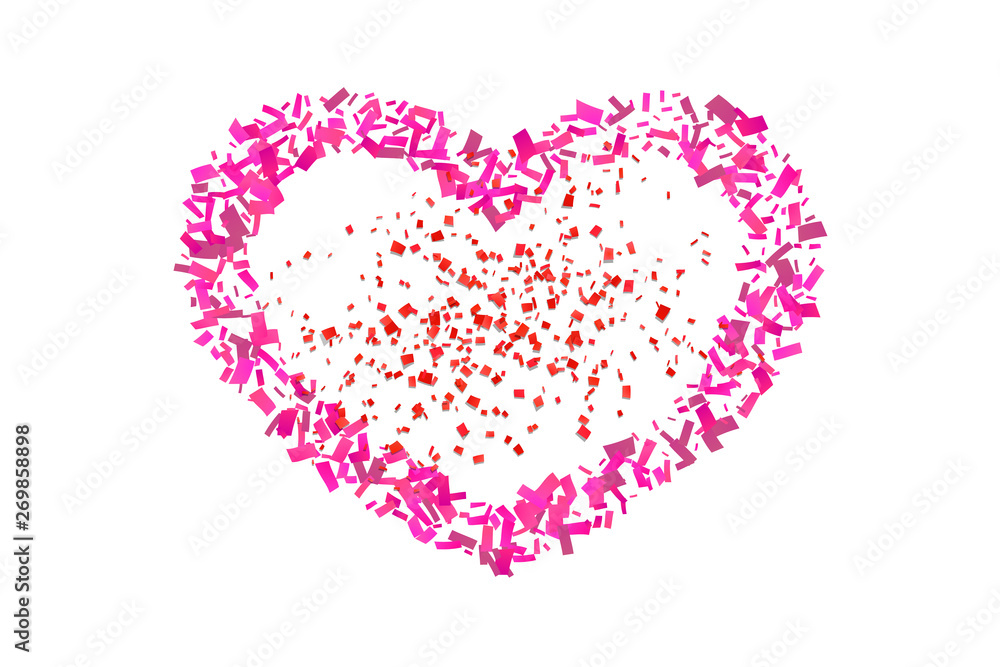 Heart confetti isolated white background. Fall red confetti, heart-shape. Valentine day holiday, romantic wedding border card. Valentines decoration frame. Greeting love design. Vector illustration