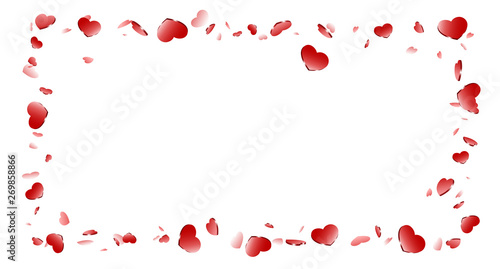 Heart frame isolated white background. Red hearts fall confetti border. Abstract heart-shape design love card, wedding romantic poster. Pattern greeting, Valentine day decoration. Vector illustration