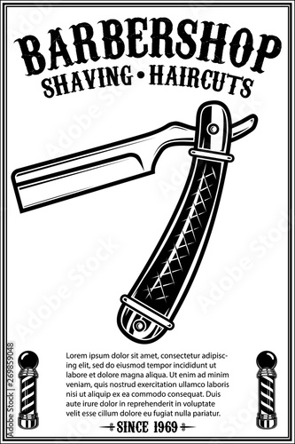 Barbershop poster template with retro style razor .Design element for poster, card, banner, emblem, sign. Vector illustration