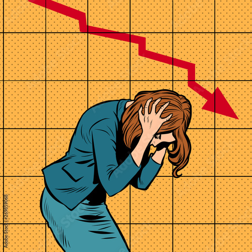 businesswoman woman panic, bankruptcy financial collapse. sales schedule down