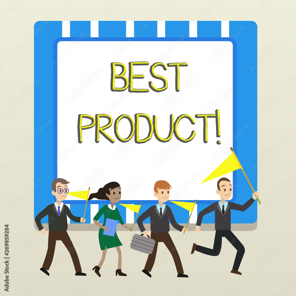 Word writing text Best Product. Business photo showcasing very popular and a large quantity of it has been sold People Crowd Flags Pennants Headed by Leader Running Demonstration Meeting