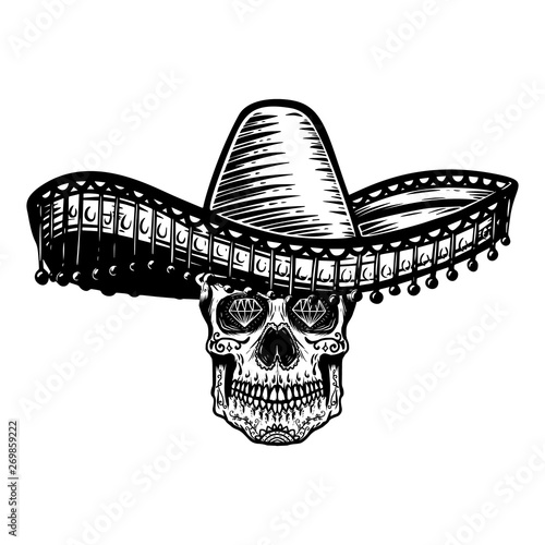 Mexican sugar skull in sombrero. Day of the dead theme. Design element for poster, t shirt, emblem, sign.