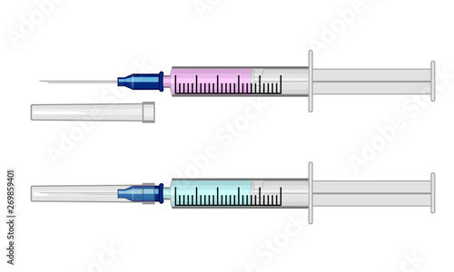 Vector illustration. Syringe with open needle and with cap on the needle (close up) For medical publications, immunization and vaccination campaign of people against infection and bacterial disease