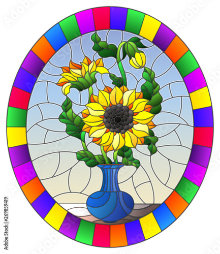Illustration in stained glass style with floral still life, a bouquet of sunflowers in a purple vase on a blue background,, oval image in a bright frame