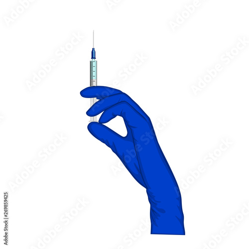 Vector illustration. Hand in medical glove with syringe. Close up view. For medical publications, immunization and vaccination campaign of people against infection and bacterial disease
