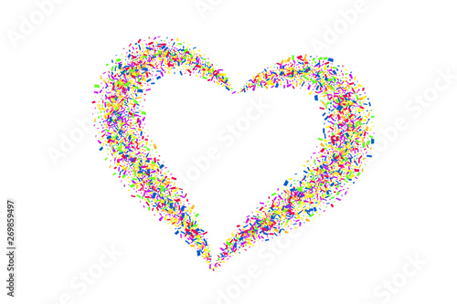 Heart confetti isolated white background. Fall color confetti, heart-shape. Valentine day holiday, romantic wedding border card. Valentines decoration frame. Greeting love design. Vector illustration