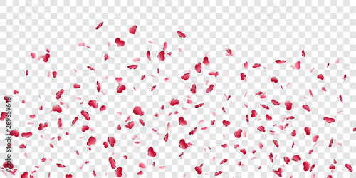 Heart falling confetti isolated white transparent background. Red fall hearts. Valentine day decoration. Love element design  hearts-shape confetti wedding card  romantic holiday. Vector illustration