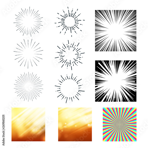 Collection Of Sunrays And Starburst Set Vector. Colorful, Black And White Different Exploding And Stripes Sunrays. Stylish Abstract Glittering Sunbeams Design Flat Cartoon Illustration