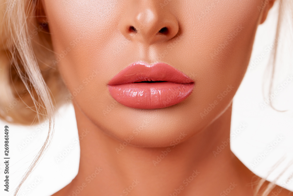 Beautiful lips macro. Beauty. mouth. smile. Closeup Model lips beige in Studio. - image Beautiful lips macro. Beauty. mouth. smile. Closeup Model lips beige in Studio. - image