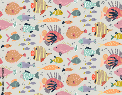 Vector seamless pattern with different colorful exotic fish.