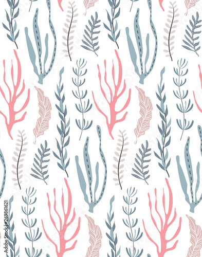 Vector seamless pattern with underwater ocean coral reef plants