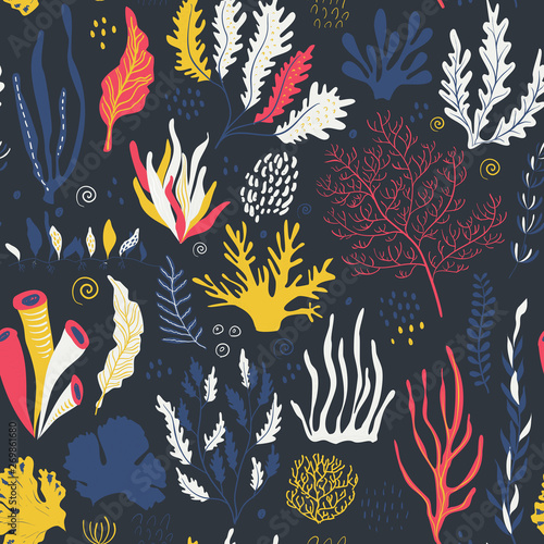 Vector seamless pattern with underwater ocean coral reef plants