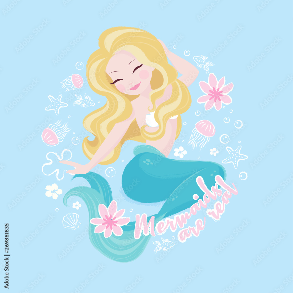 Popular pastel mermaid set. Happy and beautiful mermaid. Cartoon mermaid  print for t shirts or kids fashion artworks, children books. Fashion  illustration drawing in modern style. Cute Mermaid. Stock Vector | Adobe