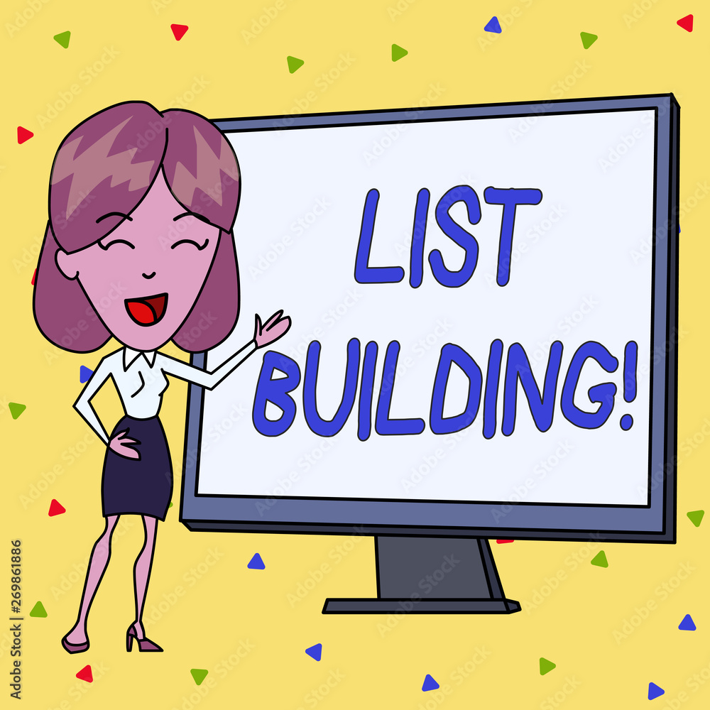 Handwriting text writing List Building. Conceptual photo database of showing you can contact with your marketing message White Female in Standing Pointing Blank Screen Whiteboard Presentation Handwriting text writing List Building. Conceptual photo database of showing you can contact with your marketing message White Female in Standing Pointing Blank Screen Whiteboard Presentation