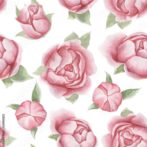 Floral seamless pattern with delicate pink flowers and leaves, hand-drawn watercolor background. Floral summer pattern of peonies, roses. Pattern for design fabrics, textiles, clothing, objects.