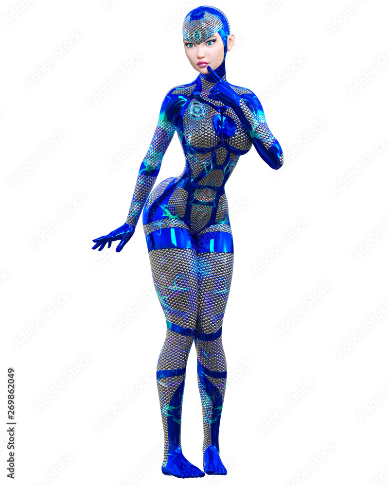 Cyborg droid robot woman futuristic metallic neon suit.Squama armor.Extravagant fashion art.Girl standing candid provocative pose.3D rendering isolate illustration.Comic hero.