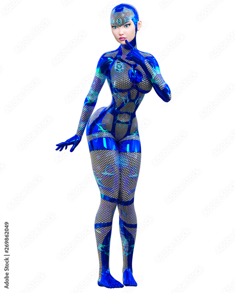 Cyborg droid robot woman futuristic metallic neon suit.Squama armor.Extravagant fashion art.Girl standing candid provocative pose.3D rendering isolate illustration.Comic hero. Cyborg droid robot woman futuristic metallic neon suit.Squama armor.Extravagant fashion art.Girl standing candid provocative pose.3D rendering isolate illustration.Comic hero.