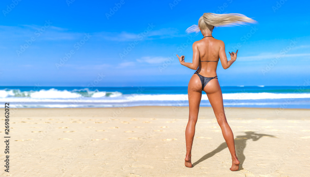 3D beautiful sun-tanned woman swimsuit bikini on sea beach. Summer rest. Blue ocean background. Sunny day. Conceptual fashion art. Seductive candid pose. Realistic render illustration.