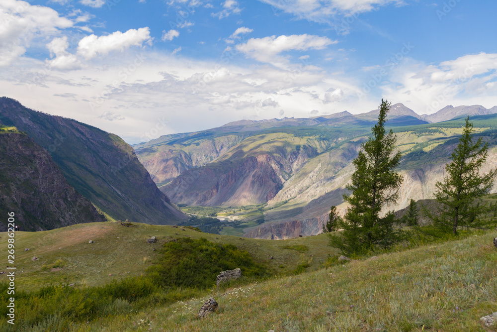 Valley of the river, top view. Altay mountains. Summer sunny day.