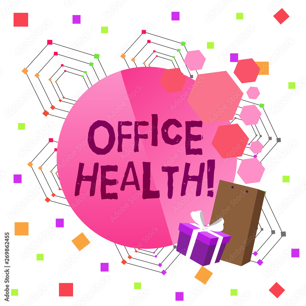 Conceptual hand writing showing Office Health. Concept meaning improves the overall physical and mental state of employees Greeting Card Poster Gift Package Box Decorated by Bowknot Conceptual hand writing showing Office Health. Concept meaning improves the overall physical and mental state of employees Greeting Card Poster Gift Package Box Decorated by Bowknot