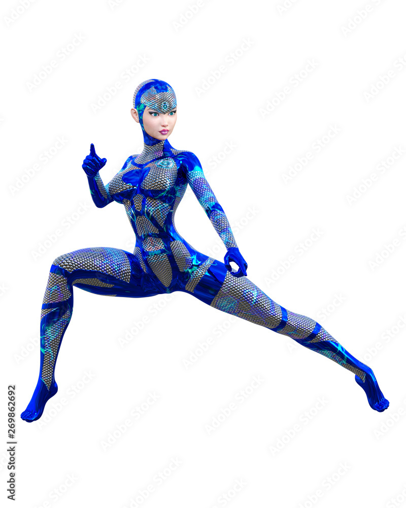 Cyborg droid robot woman futuristic metallic neon suit.Squama armor.Extravagant fashion art.Girl standing candid provocative pose.3D rendering isolate illustration.Comic hero. Cyborg droid robot woman futuristic metallic neon suit.Squama armor.Extravagant fashion art.Girl standing candid provocative pose.3D rendering isolate illustration.Comic hero.