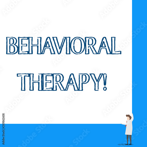 Conceptual hand writing showing Behavioral Therapy. Concept meaning help change potentially selfdestructive behaviors Professor wear white coat red tie hold big board using hands photo