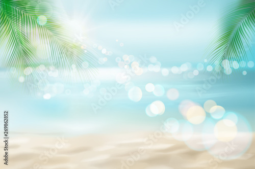 Sunrise on the seashore. Sandy beach with a palm tree. Tropical resort. Vector Illustration. 