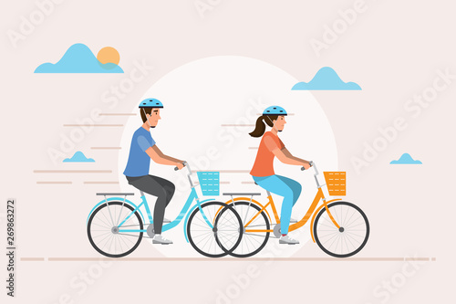 man and woman ride a bicycle. Vector illustration