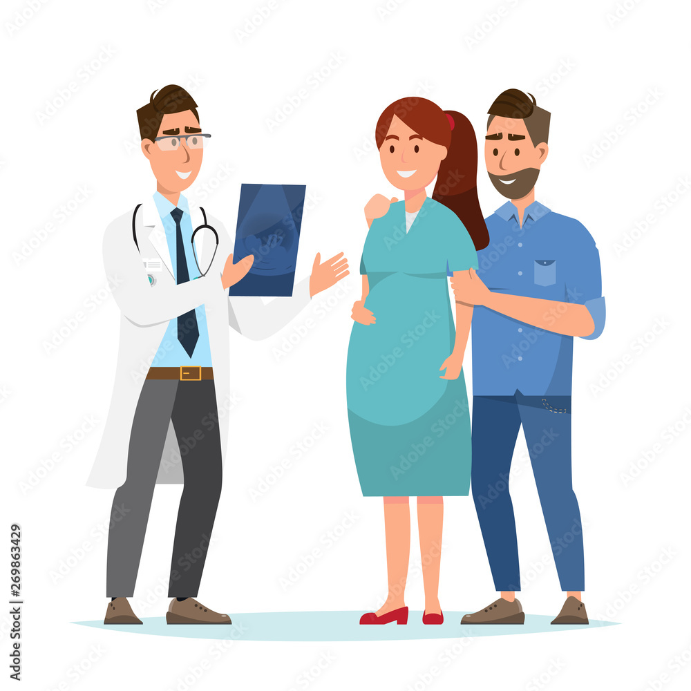 Doctor showing ultrasound sheet to pregnant woman and her husband at the hospital.