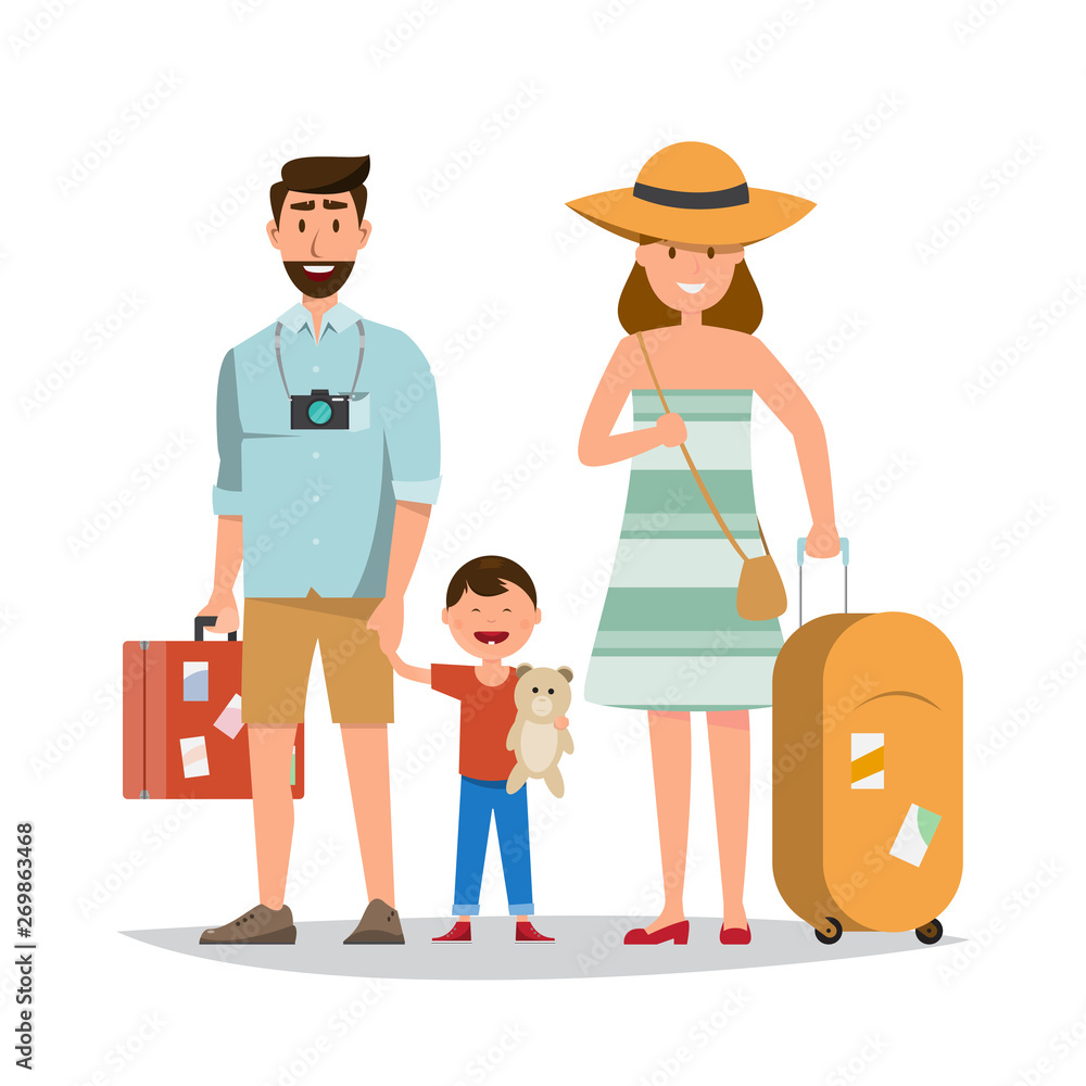 Happy family. Father, mother and son together with summer trip Happy family. Father, mother and son together with summer trip
