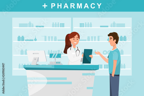 pharmacy with pharmacist and client in counter.